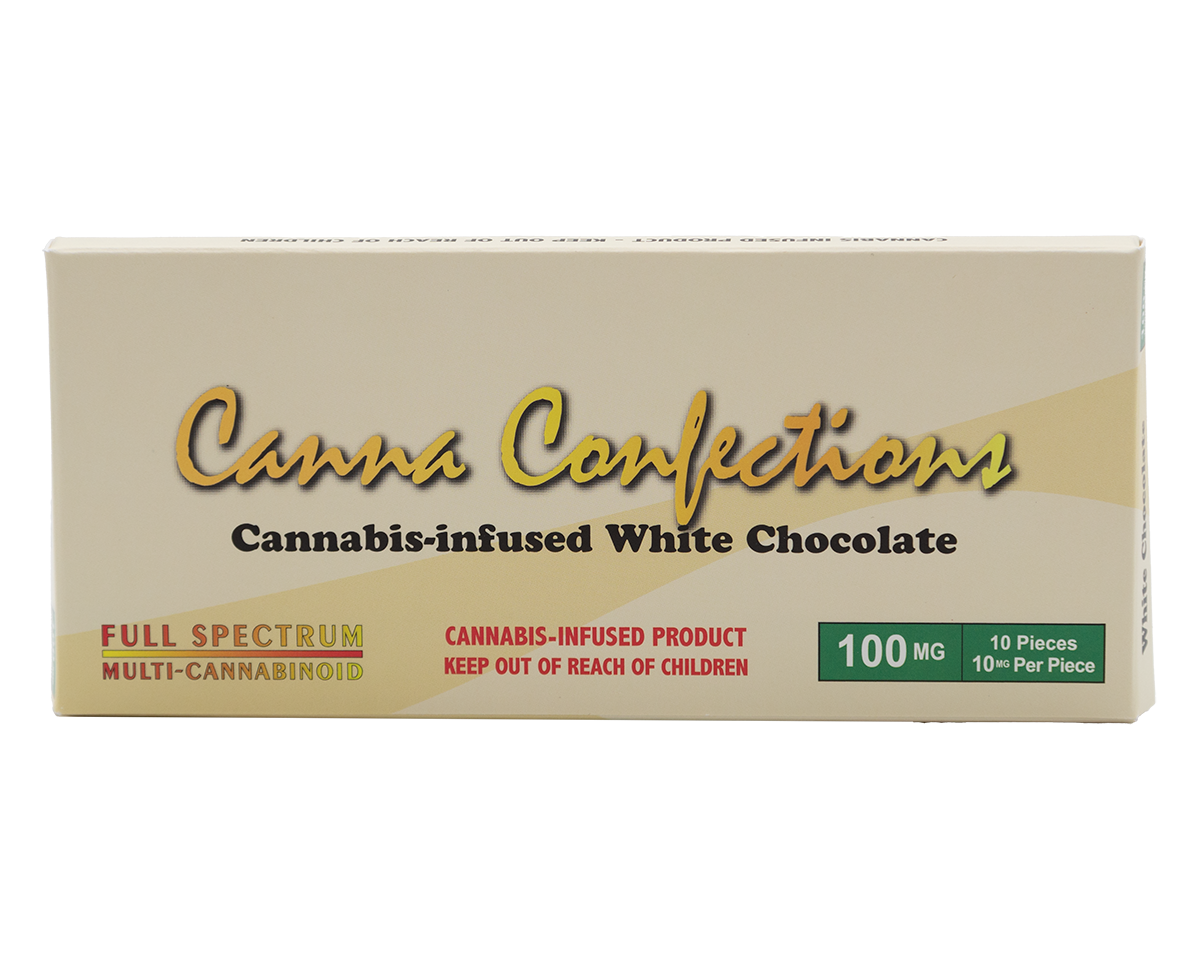 Canna Confections 100mg White Chocolate Bar stock photo - Halo Infusions