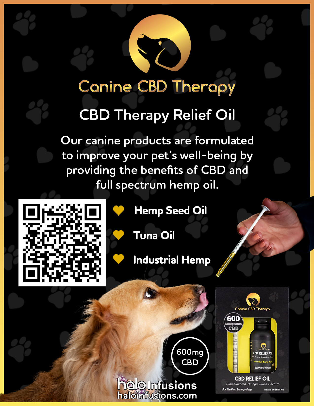 Canine CBD Therapy Relief Oil, 600mg CBD, canine product, Halo Infusions