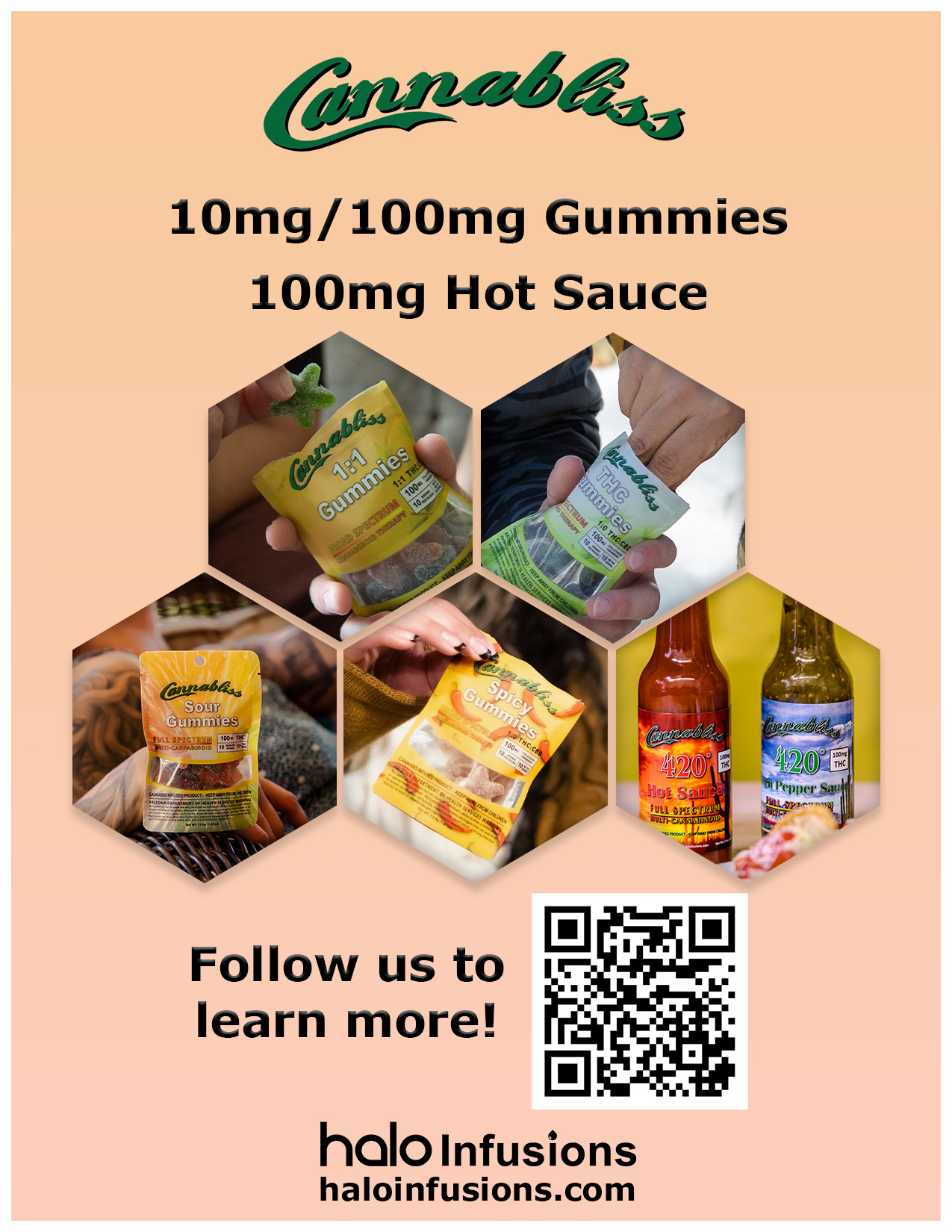Cannabliss social media tabletop flyer for onsites, 10/100mg gummies, 100mg hot sauce, 1:1 gummies, THC Gummies, Sour Gummies, THC Gummies, Spicy Gummies, Halo Infusions edibles