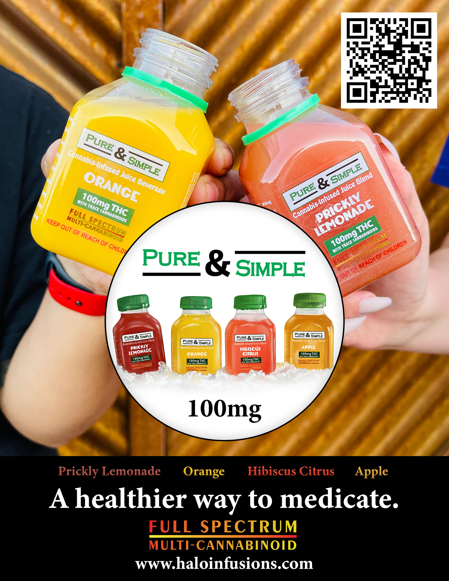 Pure & Simple tabletop flyer for onsites, prickly lemonade, orange, hibiscus citrus, apple, a healthier way to medicate, Halo Infusions