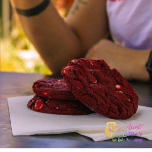 Indulge in the epitome Aunt Ellies Red Velvet Macadamia Nut Cookie