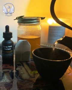 Lavender Chamomile Chronic Health Sleep Well Tincture hot tea pouring Halo Infusions. tucson edibles