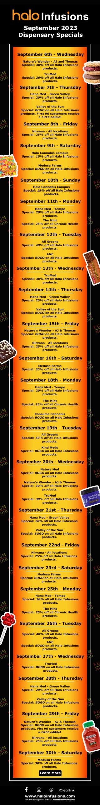 September 2023 dispensary specials for tucson edibles. Halo Infusions promos. Arizona's Largest Infusions Kitchen. Arizona edibles