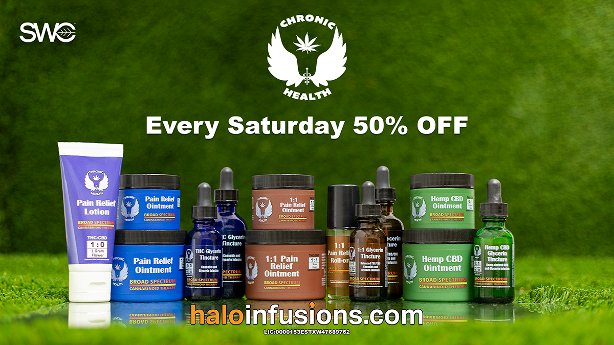 SWC Prescott Every Saturday 50% Off SWC Prescott Every Saturday digital ad October Chronic Health tinctures and topicals