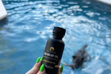 Swim Season Canine CBD Therapy last pool day silly pup in the pool relaxing with tuna relief oil Halo Infusions. cbd for dogs. tucson edibles