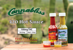 Cannabliss - Hot Sauce Product Card - Halo Infusions. Cannabliss 420 Sauces. Full Spectrum. Best edibles in arizona. tucson edibles