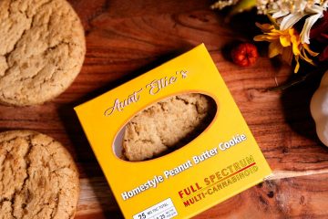 Black Friday Homestyle Peanut Butter Cookie in a fall setting. Aunt Ellie's. Halo Infusions. full spectrum. best edibles in arizona. tucson edibles
