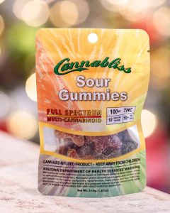 Feel The Power Cannabliss Sour Gummies - Bokeh Christmas Tree. halo infusions. full spectrum. best edibles in arizona. tucson edibles