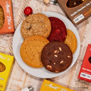 Joy of the Holiday Season Aunt Ellies 100mg Cookie on a Christmas platter. full spectrum. halo infusions. best edibles in arizona. tucson edibles