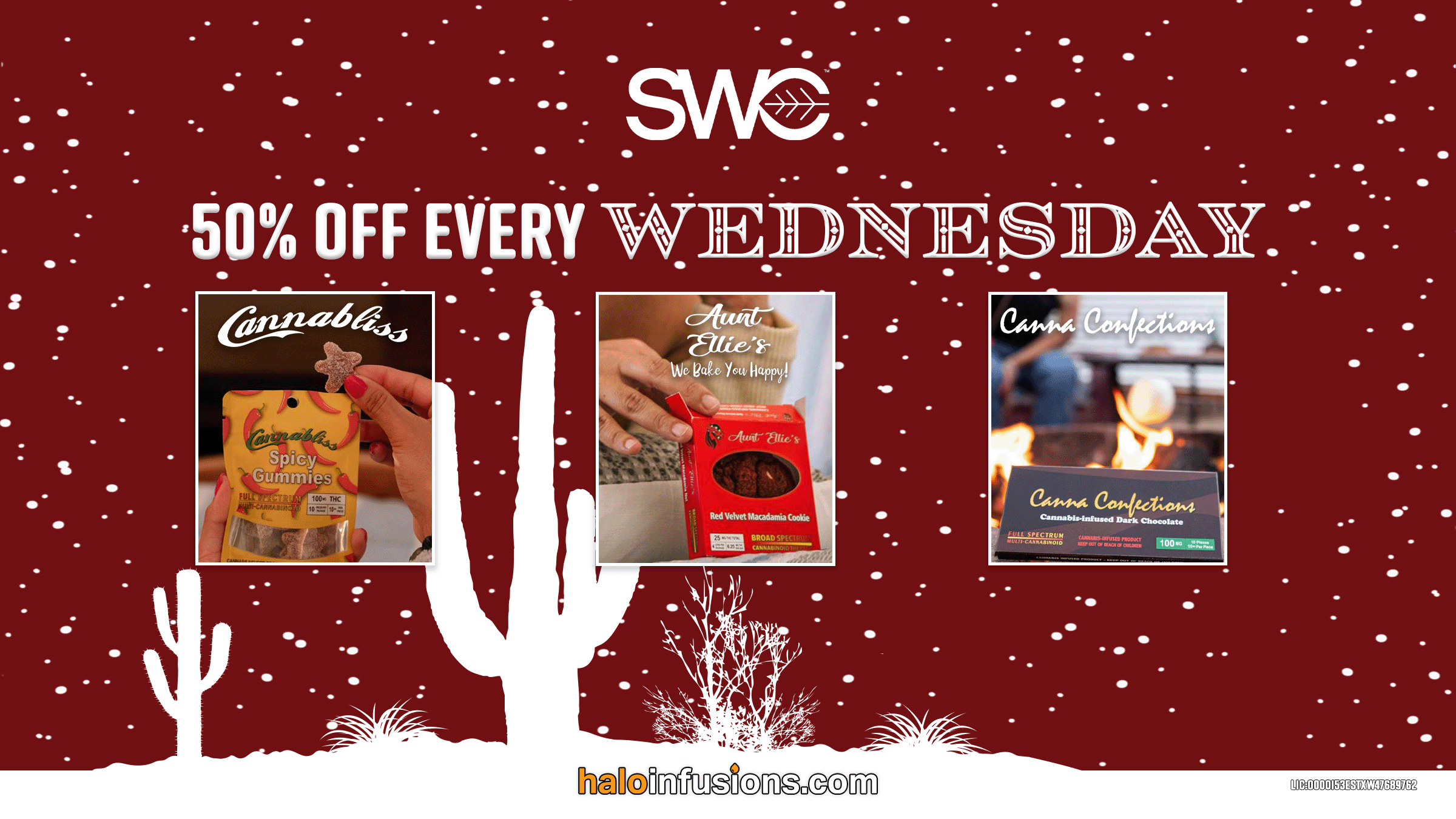 SWC Prescott 50 off every Wednesday - Halo Infusions. full spectrum. december 2023 dispensary specials. best edibles in arizona. tucson edibles