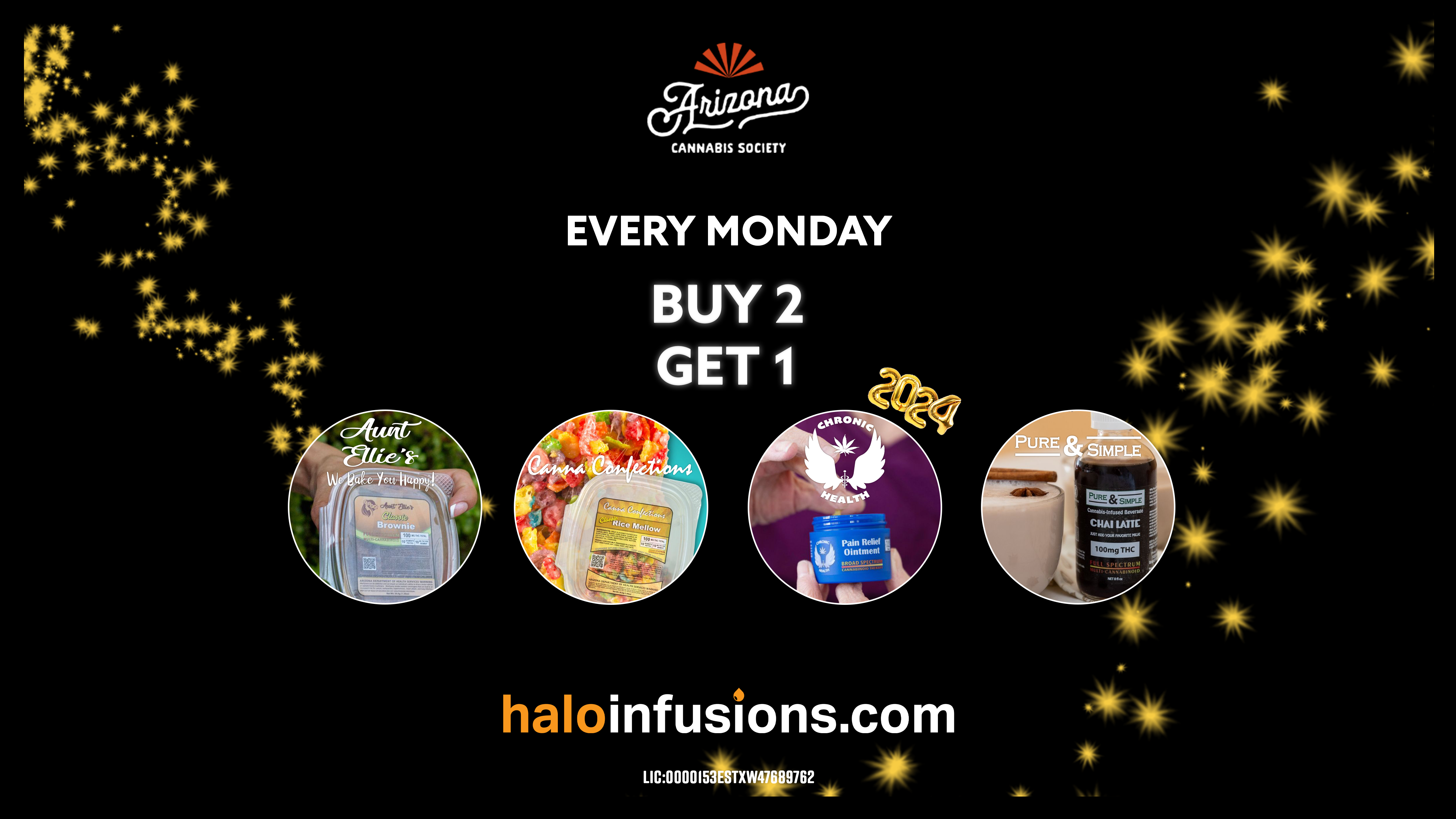 AZCS Every Mon B2G1 - Halo Infusions. january 2024 dispensary specials. best edibles in arizona. tucson edibles