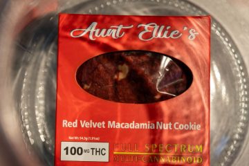Now Available Aunt Ellies 100mg Red Velvet Macadamia Nut Cookie. full spectrum. halo infusions. best edibles in arizona. tucson edibles