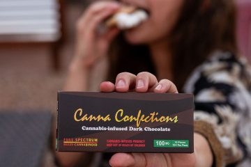 S'more than Chocolate Canna Confections Paulette Holding Dark Chocolate. Halo Infusions. full spectrum. best edibles in arizona. tucson edibles