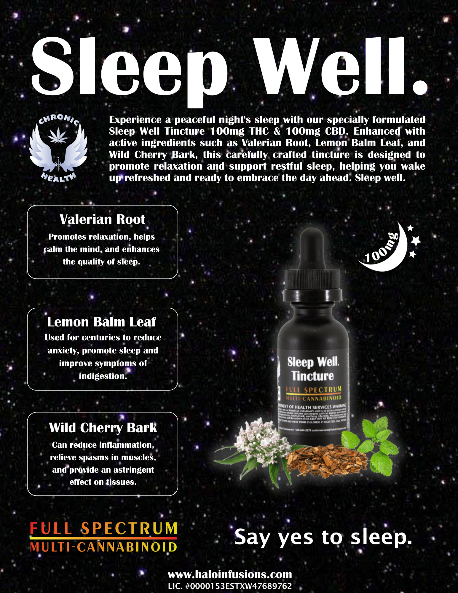 Sleep Well tincture tabletop 8.5x 11 flyer. educational flyer. halo infusions. full spectrum. best tincture for sleep